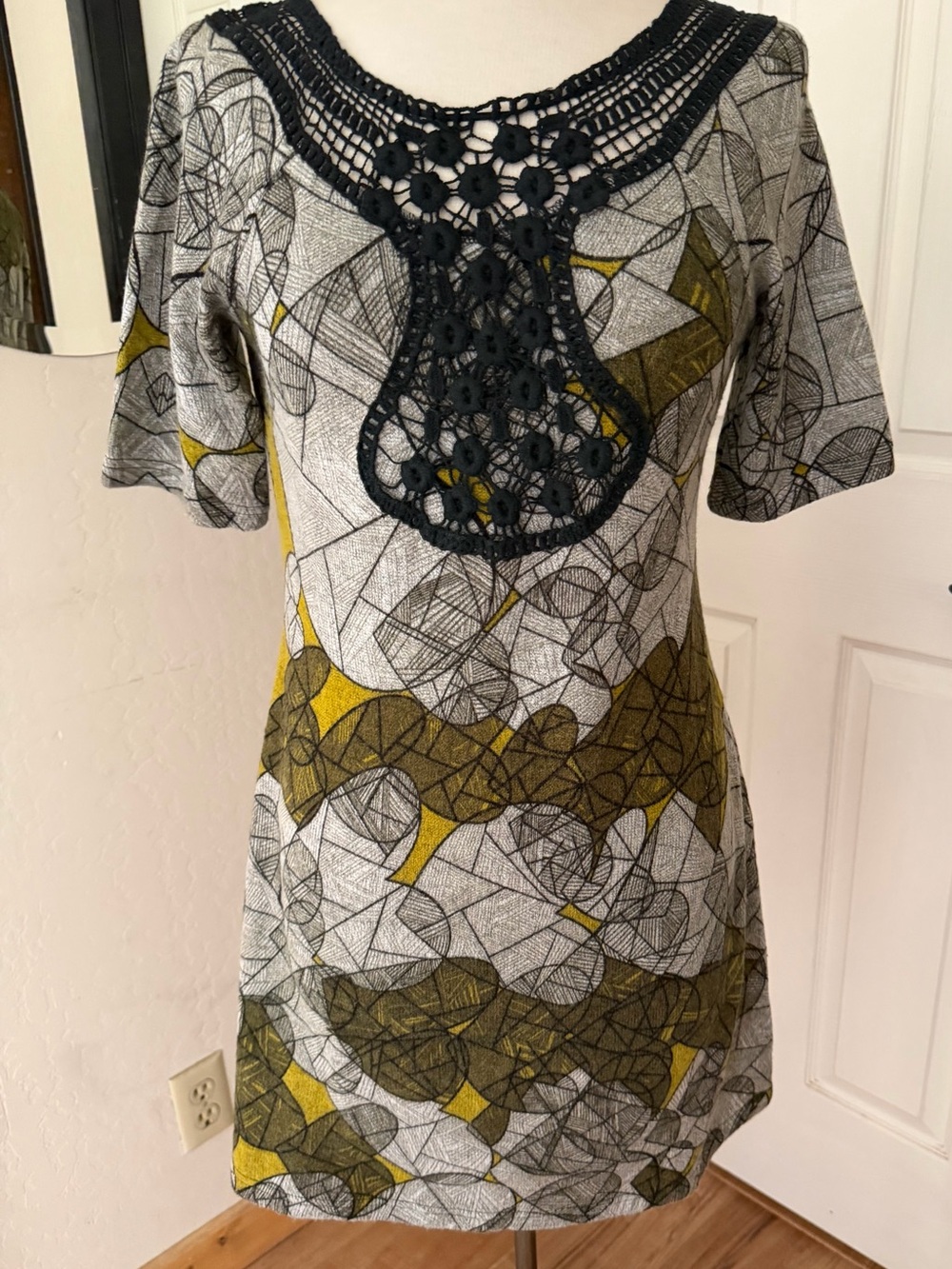 Angie Gray Tunic Dress with Olive Yellow Abstract Print and Black Crochet Yoke